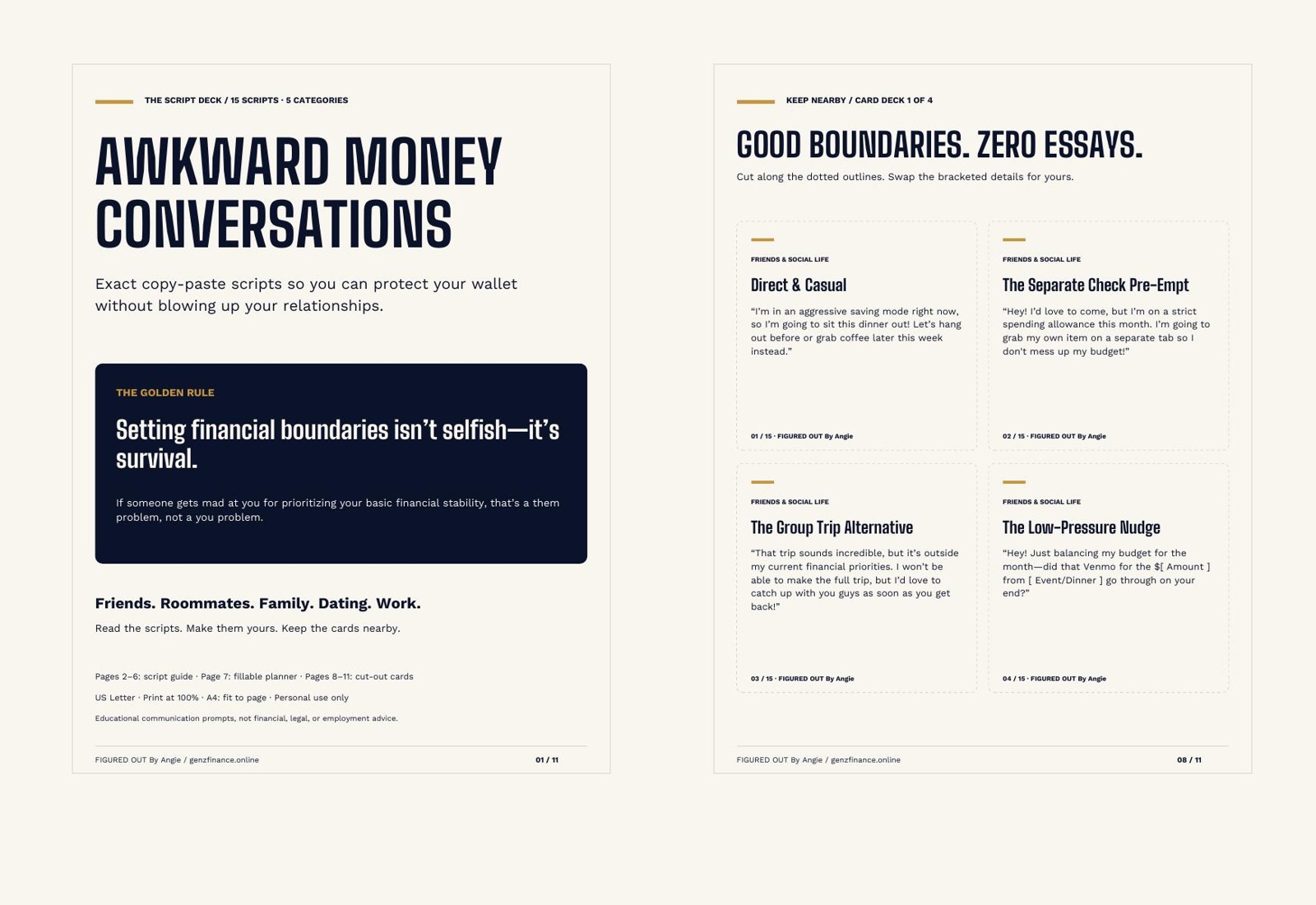 Awkward Money Conversations Script Deck: actual guide and card pages